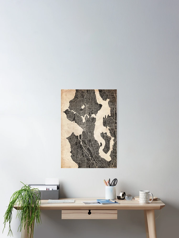 Aperçu 2 sur 3. Poster avec l'œuvre SEATTLE map Washington Ink lines 3 créée et vendue par InkMaps.