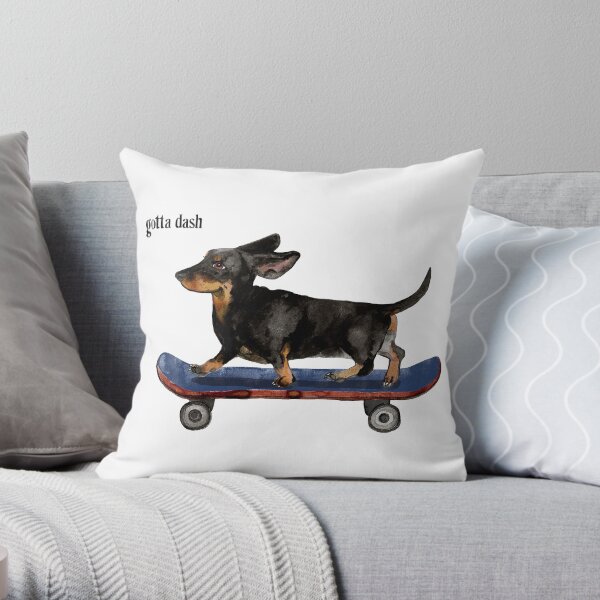 Gotta Dash Dachshund On Skateboard Ink Illustration Throw Pillow