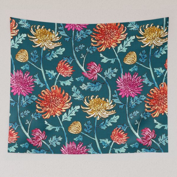 Item preview, Chrysanthemum Watercolor & Pen Pattern - Navy designed and sold by TigaTiga.