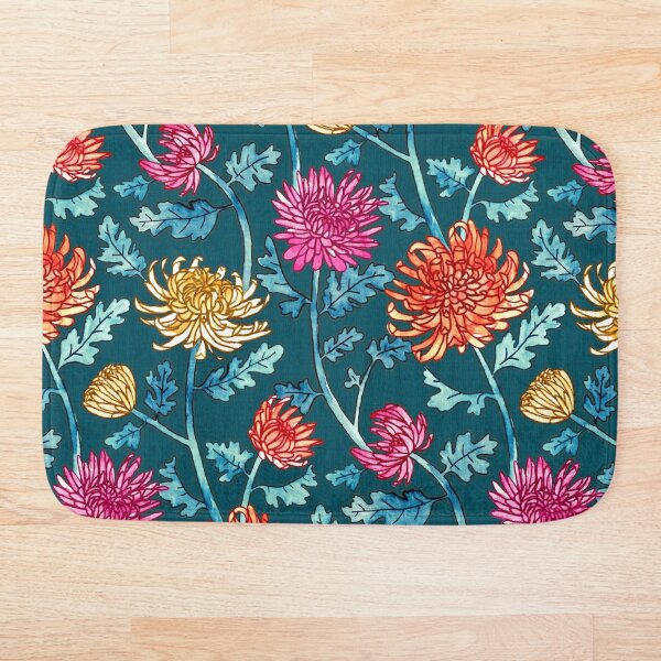Chrysanthemum Watercolor & Pen Pattern - Navy Bath Mat