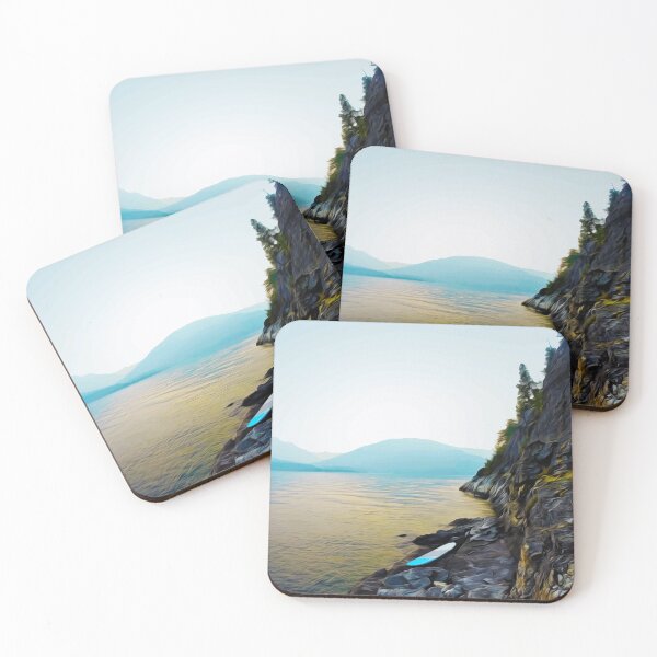 Item preview, Mountain Lake at Sunrise with Paddle Board on Shore designed and sold by Spindriftmerch.