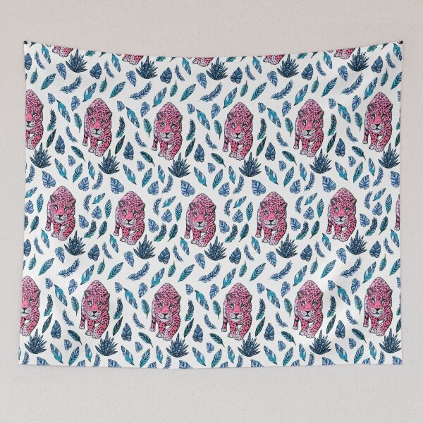 Item preview, Pink leopard walking in blue jungle designed and sold by MagentaRose.