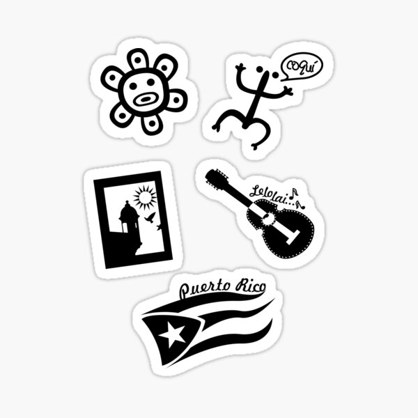 Set of Stickers Puerto Rico Tainos Flag Garita and El Cuatro Black Sticker