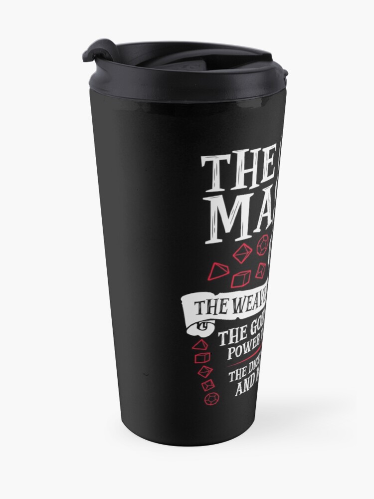 Alternate view of THE GAME MASTER, The Weaver of Lore & Fate - Dungeons & Dragons (White Text) Travel Mug