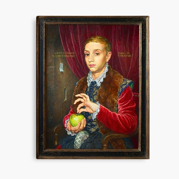 Boy With Apple Painting with painted frame Canvas Print