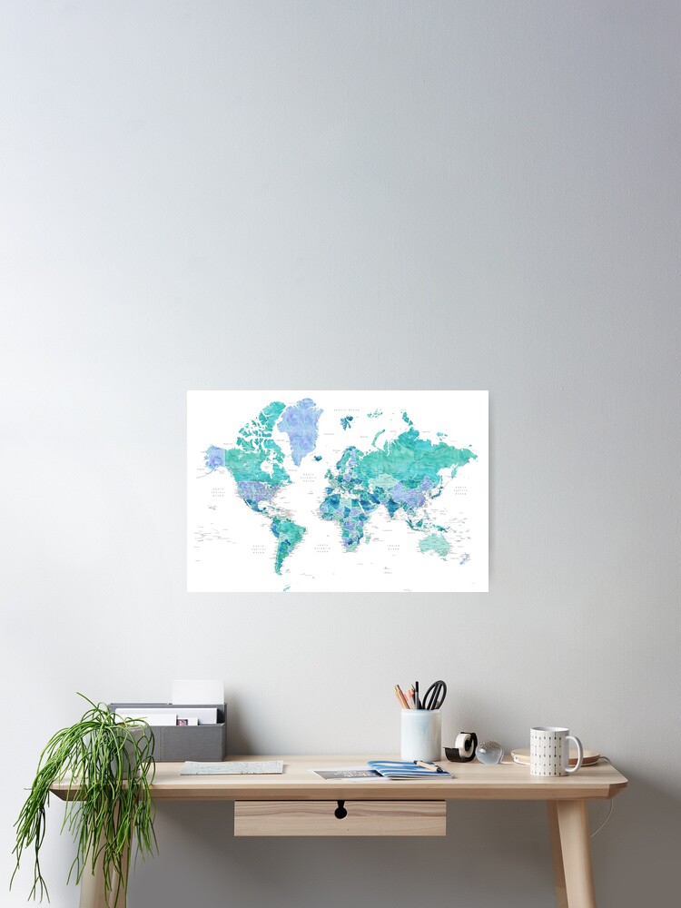 Aquamarine and blue watercolor detailed world map, Caribbean Waters Poster