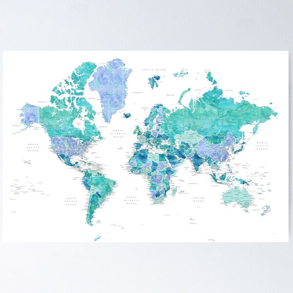 Item preview, Aquamarine and blue watercolor detailed world map, Caribbean Waters designed and sold by blursbyai.