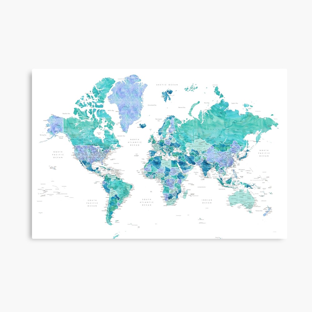 Aquamarine and blue watercolor detailed world map, Caribbean Waters Poster