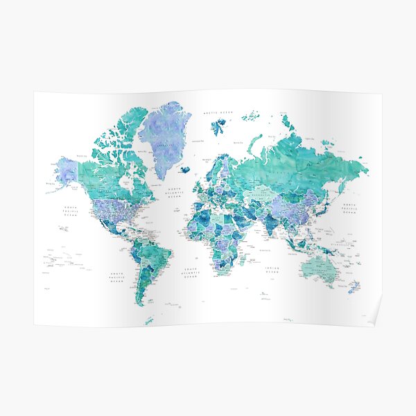 Aquamarine and blue watercolor detailed world map, Caribbean Waters Poster