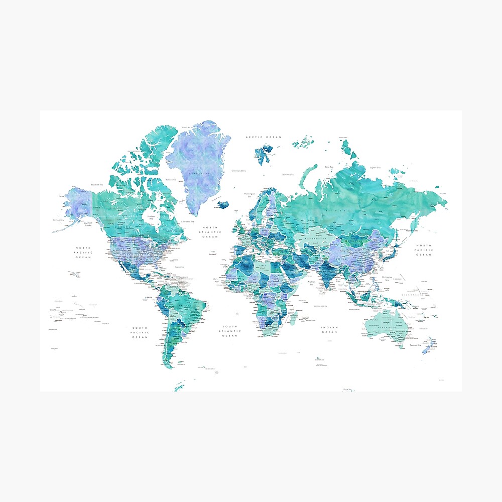 Aquamarine and blue watercolor detailed world map, Caribbean Waters Poster