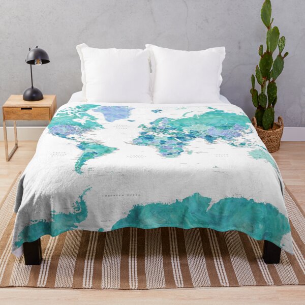Item preview, Aquamarine and blue watercolor detailed world map, Caribbean Waters designed and sold by blursbyai.