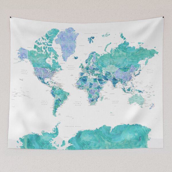 Item preview, Aquamarine and blue watercolor detailed world map, Caribbean Waters designed and sold by blursbyai.