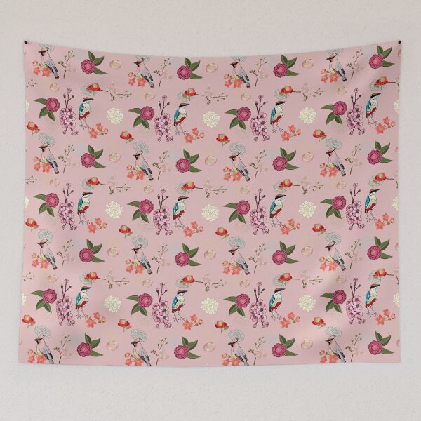 Item preview, Eastern delight, Japanese garden, waxwing, fairy pitta, cherry blossom, camelia (pink) designed and sold by Naty Design Prague.