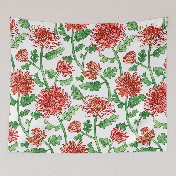 Item preview, Red Chrysanthemum Watercolor & Pen Pattern  designed and sold by TigaTiga.