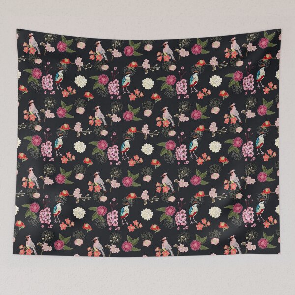 Item preview, Eastern delight, Japanese garden, waxwing, fairy pitta, cherry blossom, camelia (black) designed and sold by Naty Design Prague.