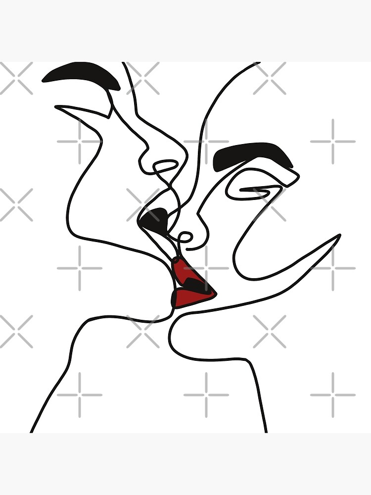 "Minimal Line Art Couple Kissing Red Lips Black" Art Print by
