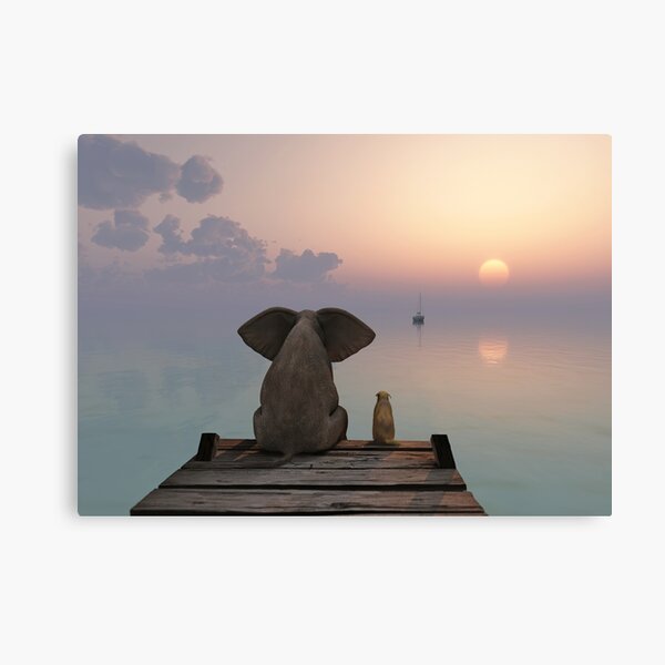Item preview, elephant and dog sit on the pier  designed and sold by Mike Kiev art.