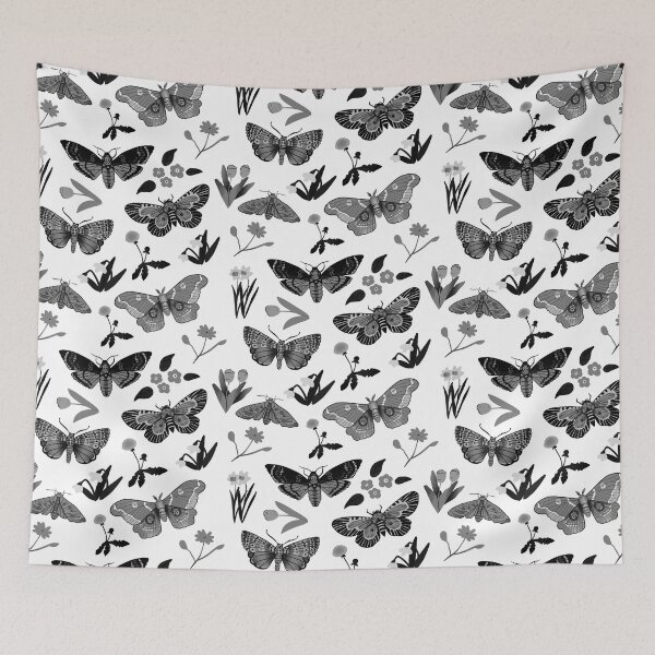 Item preview, Grey Moths - Pretty Black and White Bug and Floral Pattern designed and sold by TheRainbowRoom.