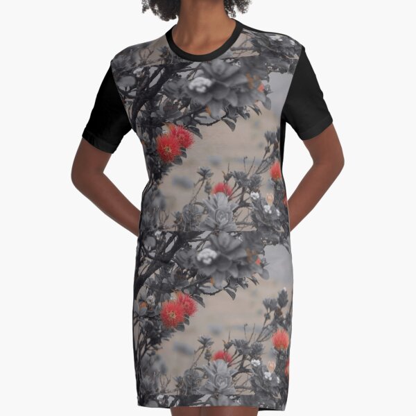 Black and White Beautiful Red Hawaiian Flower Ohi'a Lehua From Big Island Hawaii Graphic T-Shirt Dress