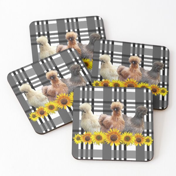 Item preview, Farmhouse Silkie Bantam Chicken Trio with Sunflowers on Black White Plaid designed and sold by StandoutSilkies.