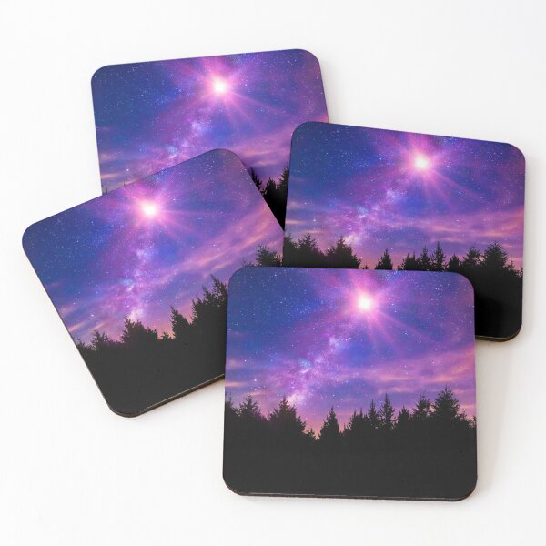 Item preview, Shiny nebula on alien planet purple pink blue starry sky dark trees silhouette designed and sold by August-E.