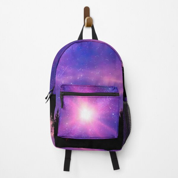 Item preview, Shiny nebula on alien planet purple pink blue starry sky dark trees silhouette designed and sold by August-E.