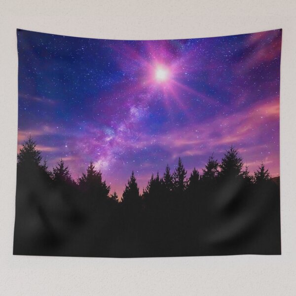 Item preview, Shiny nebula on alien planet purple pink blue starry sky dark trees silhouette designed and sold by August-E.