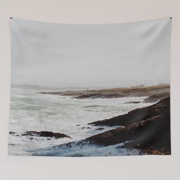 Item preview, Retro movie beach side waves clashing on black rocks, white milky waves, aesthetic vintage view designed and sold by August-E.