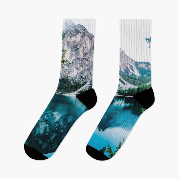 Item preview, Ice Blue Panoramic view, winter chill ice mountains, pure teal blue lake and pines, nature art photography morning calm view designed and sold by August-E.