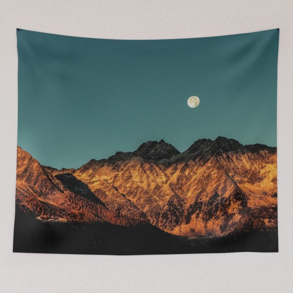 Item preview,  Full moon at early morning, Rock earthy brown mountains with golden sun rays, teal blue shaded sky, panoramic view designed and sold by August-E.