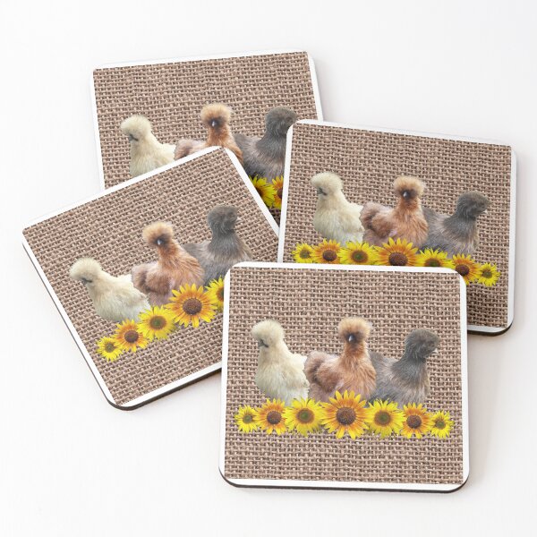 Item preview, Farmhouse Silkie Bantam Chicken Trio with Sunflowers on Chunky Burlap designed and sold by StandoutSilkies.