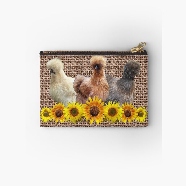 Artikelvorschau, Bauernhaus Silkie Bantam Chicken Trio mit Sonnenblumen auf Chunky Sackleinen entworfen und verkauft von StandoutSilkies.
