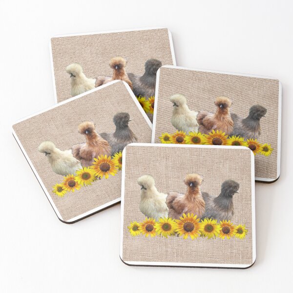 Item preview, Farmhouse Silkie Bantams Chicken Trio with Sunflowers on Fine Burlap designed and sold by StandoutSilkies.