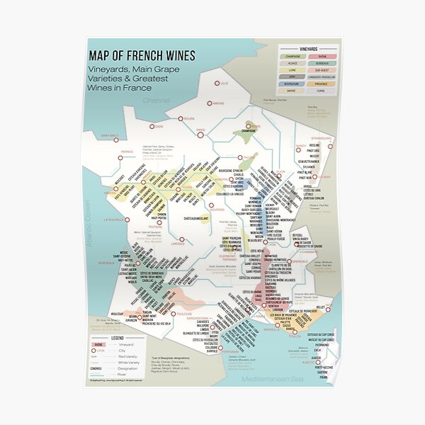 French Map Of Wine Regions And Vineyards Poster