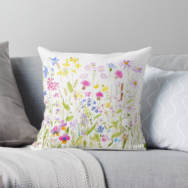 colorful meadow fields watercolor Throw Pillow
