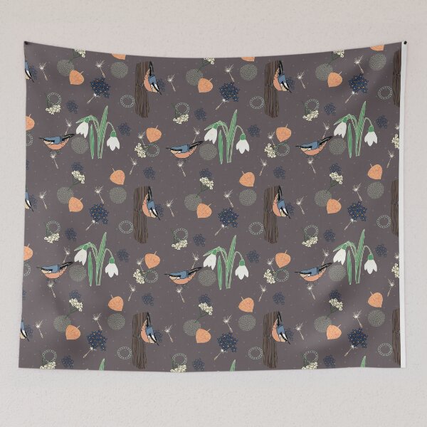 Item preview, The little nuthatch, a layered pattern featuring birds, snowdrops, physalis and textures, grey background designed and sold by Naty Design Prague.