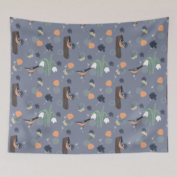 Item preview, The little nuthatch, a layered pattern featuring birds, snowdrops, physalis and textures, blue background designed and sold by Naty Design Prague.