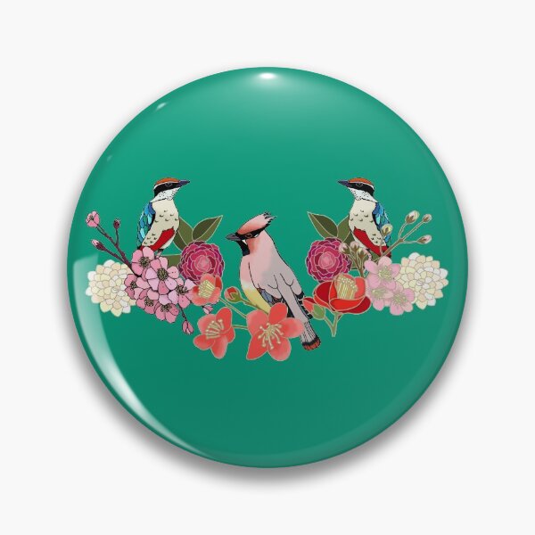 Item preview, Eastern delight, Japanese garden, waxwing, fairy pitta, cherry blossom, camelia (green) designed and sold by Naty Design Prague.