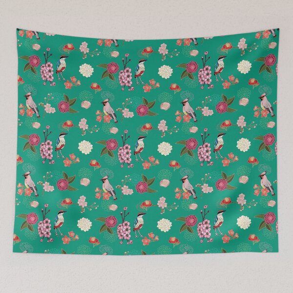 Item preview, Eastern delight, Japanese garden, waxwing, fairy pitta, cherry blossom, camelia (green) designed and sold by Naty Design Prague.