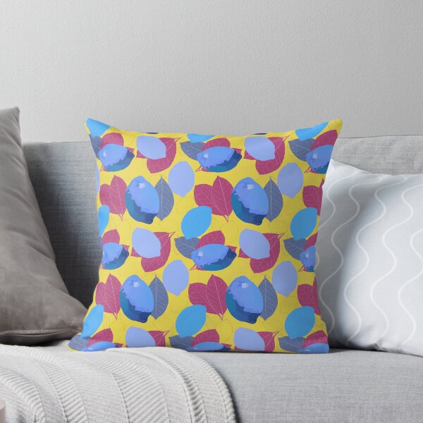 Item preview, Blue lemons and raspberry red leafs on yellow background. designed and sold by A-using-colors.