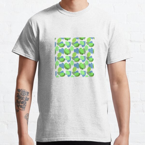 Green lemons, blue and green leafs on white background. Classic T-Shirt