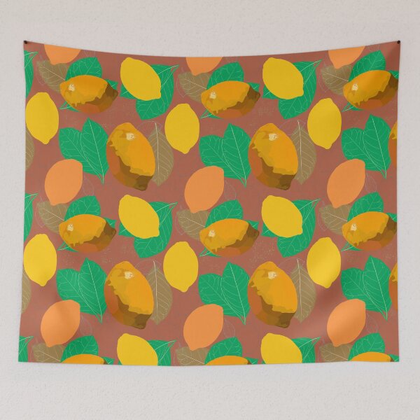 Artikelvorschau, Warm yellow and orange lemons, green leafs on rustbrown background. entworfen und verkauft von A-using-colors.