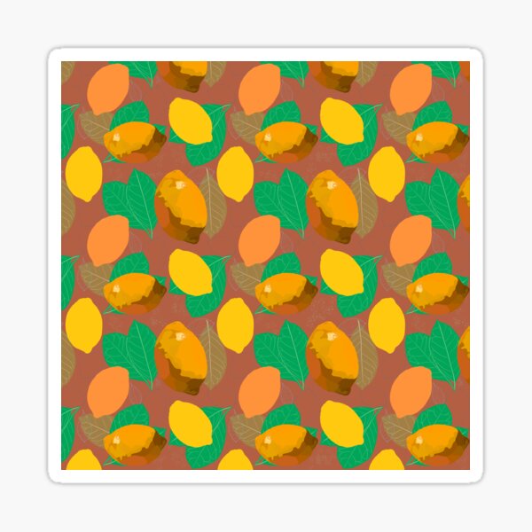 Warm yellow and orange lemons, green leafs on rustbrown background. Sticker