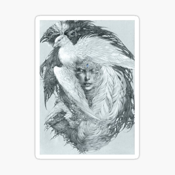 Fairy lady with white peacock and raven. Sticker
