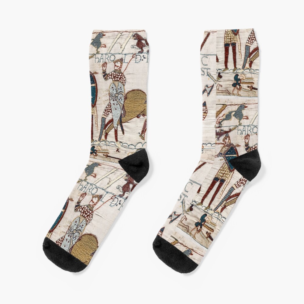 Bayeux Tapestry. King Harold is killed. Arrow in eye. Socks