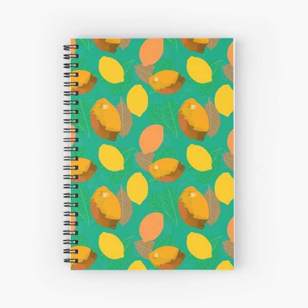 Warm yellow lemons and green leafs on mint green background. Spiralblock