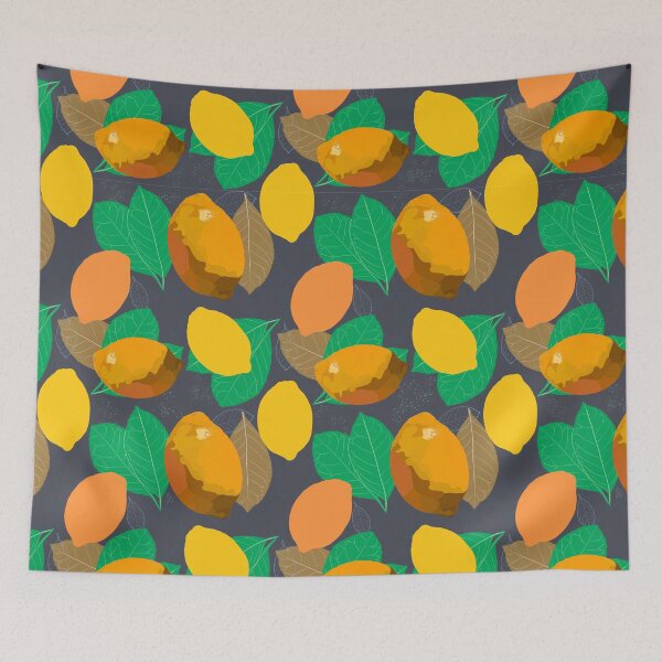 Artikelvorschau, Warm yellow lemons and green leafs on inkwell grey background. entworfen und verkauft von A-using-colors.