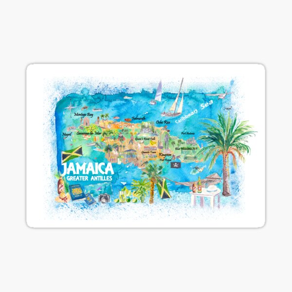 Jamaica Illustrated Travel Map with Roads and Highlights Sticker