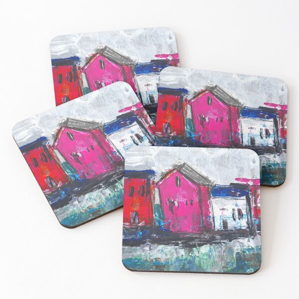 Item preview, Colorful abstract houses row of houses purple blue red gray houses painting paintings art artwork designed and sold by elenah0707.