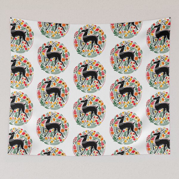 Item preview, Folk Art Style Black Stag Deer with Foliage designed and sold by Pixelchicken.